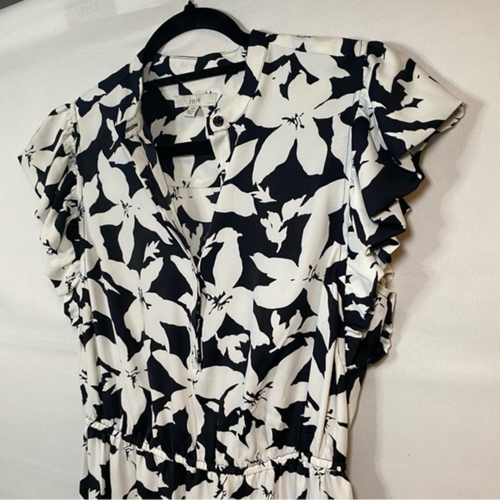 Joie Krystina Size XS Ruffle Trim Black White Floral Silky Dress